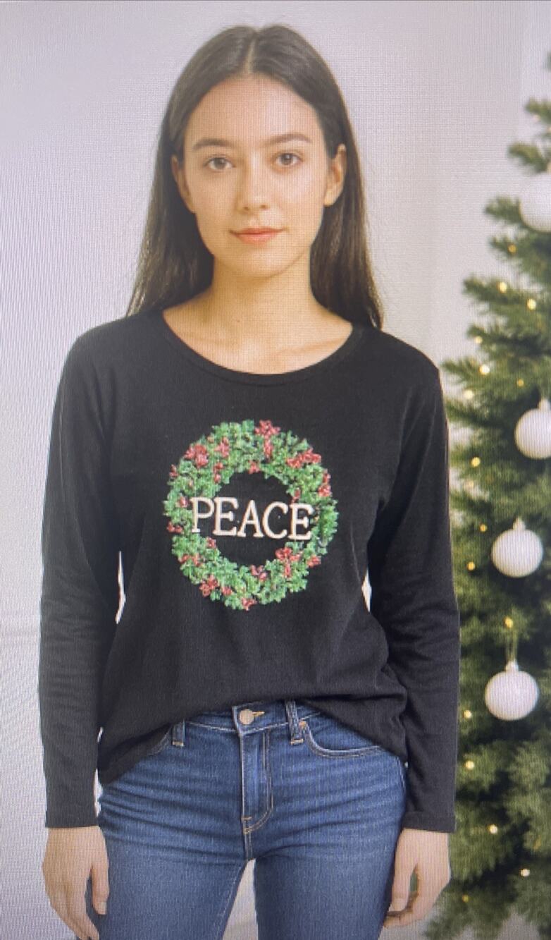 Peace Christmas Wreath Croft Barrow glitter 2X Black Long Sleeve T Shirt XXL